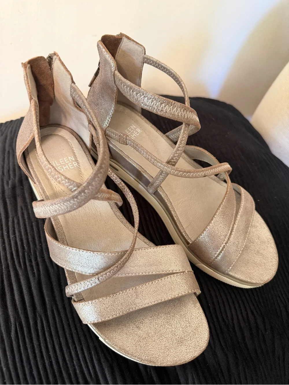 Eileen Fisher Metallic Taupe Strappy Platform Sandals - Picture 3 of 5